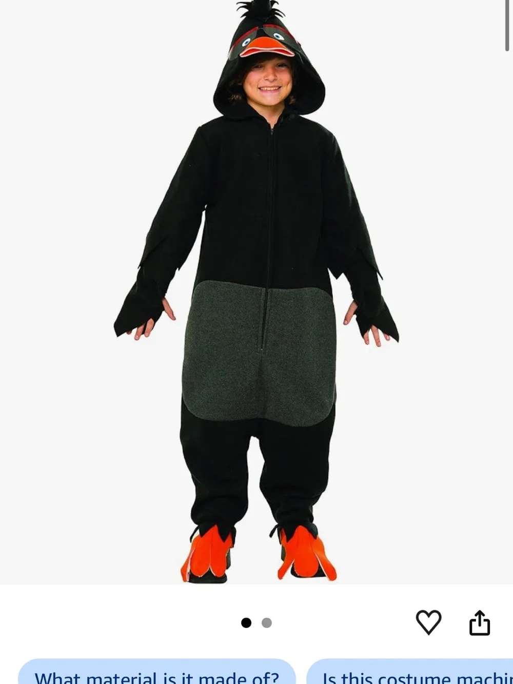 Black Bird Hooded Kids Halloween Costume with Gray Belly